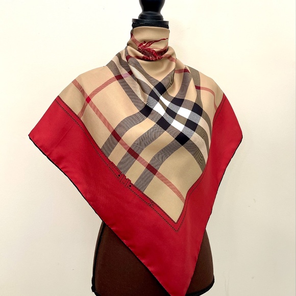 NWT Burberry Scarf House Check Beige Red Border Silk Wrap - Picture 1 of 16